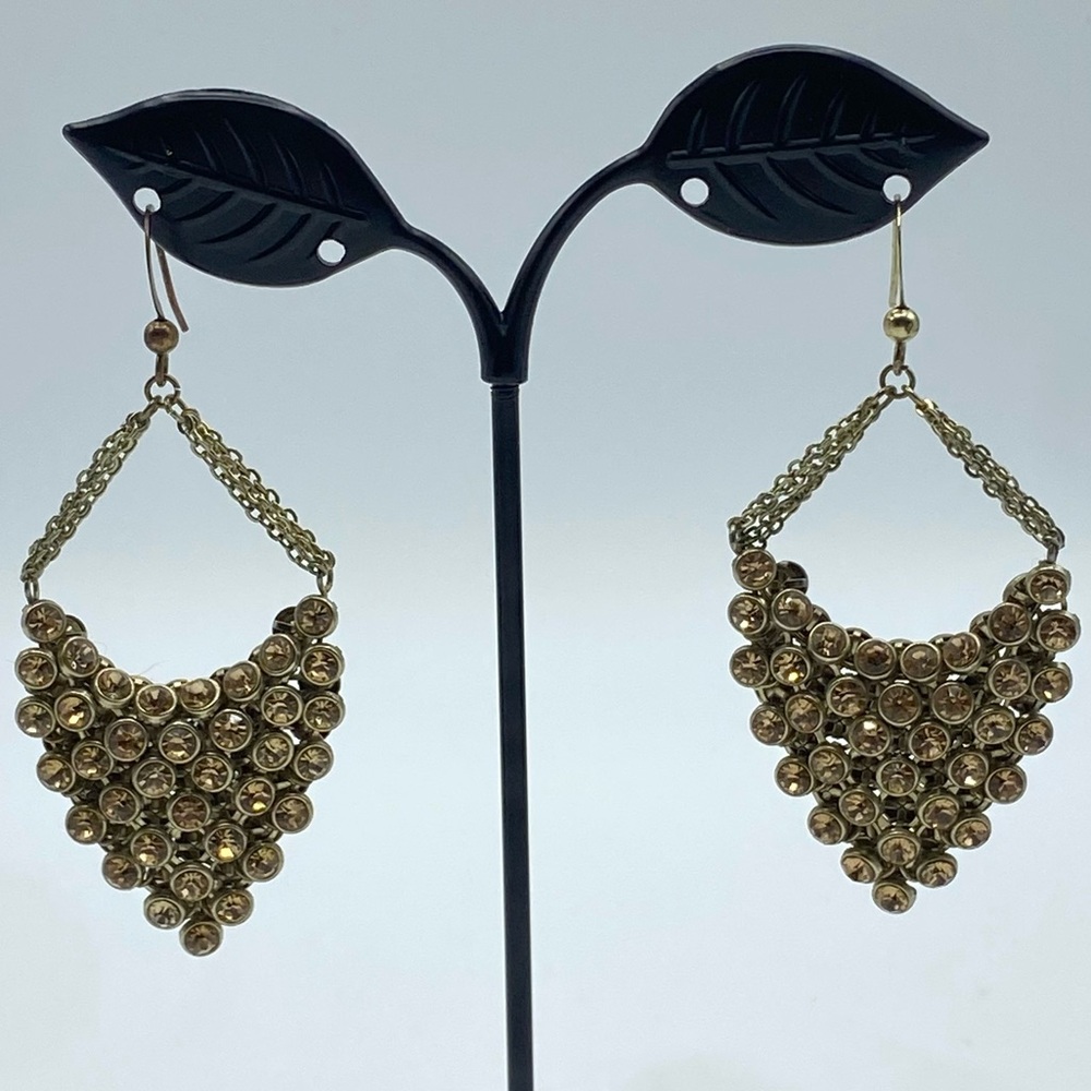 Champagne Crystal Gold Tone Dangle Drop Earrings Bezel Cluster Veil Triangle
